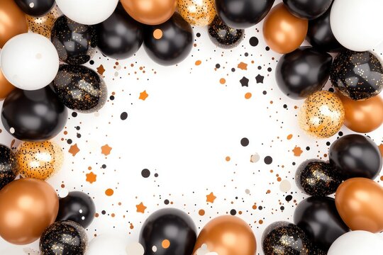 Party balloons in black, white, and copper, forming a frame around a white space.  Confetti of gold and black speckles and stars