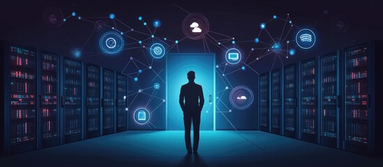 Futuristic server room with digital interface