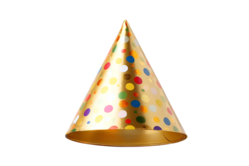 Golden party hat with colorful polka dots against a dark background, perfect for festive celebrations and birthday events isolated on transparent background