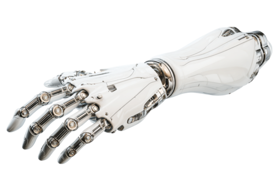Futuristic Robotic Arm with Metallic Joints and White Casing, on Black for Science Fiction or Technology Concepts isolated on transparent background - Powered by Adobe