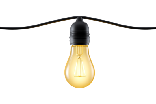 Glowing Filament Bulb on Black Cord, Warm Light, Retro Style isolated on transparent background