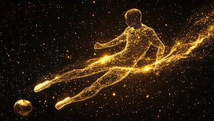 Golden, digital soccer player mid-kick, against a starry background