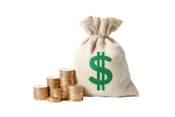 Burlap Money Bag with Green Dollar Sign and Stacks of Coins on, Representing Wealth and Financial Growth isolated on transparent background