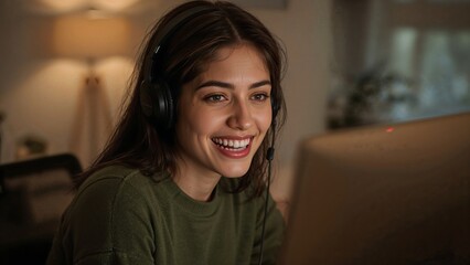 Smiling Woman with Headphones Working on Computer at Night,woman,smiling