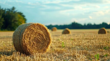 A hay bale resting on a field with a forest in the background.
