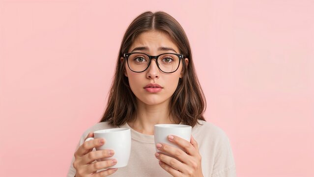 Young Woman with Glasses Holding Two Coffee Cups, Pink Background
