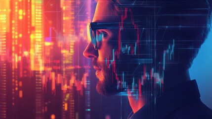 Businessman analyzing financial data in a city