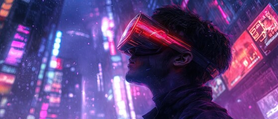 Man in vr headset in futuristic city