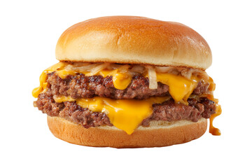 Double cheeseburger with melted cheddar cheese and grilled onions on a toasted bun against a isolated on transparent background