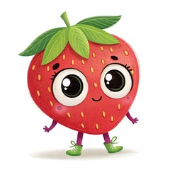 Obraz premium Cute Cartoon Strawberry Character with Big Eyes on White Background