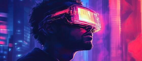 Person with vr glasses in a neon city at night