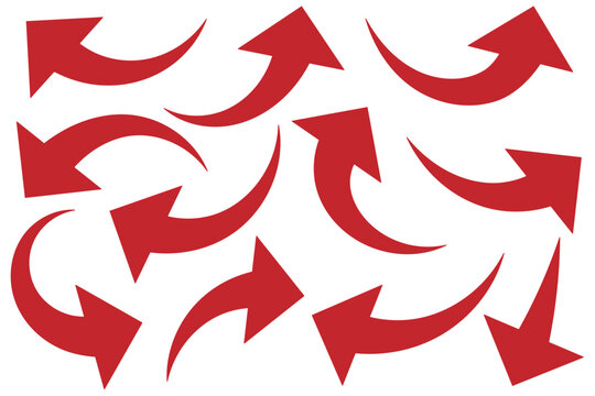 Red curved arrow set. Curved Arrows sign. Set of curved arrows isolated on white background. arrow twisted in various directions. Collection of pointers.