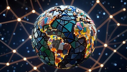 A mosaic-style Earth globe with connecting lines and glowing spots, suggesting a global network.