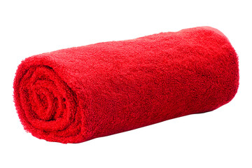 Rolled bright red terrycloth towel against a stark black backdrop, showcasing its soft texture and vibrant color isolated on transparent background