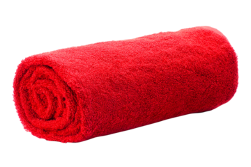 Rolled bright red terrycloth towel against a stark black backdrop, showcasing its soft texture and vibrant color isolated on transparent background
