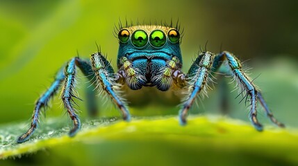 A vibrant green spider with blue and yellow markings on its legs, perched on a green leaf with a blurred green background.