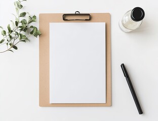 Blank paper clipboard, minimalist workspace
