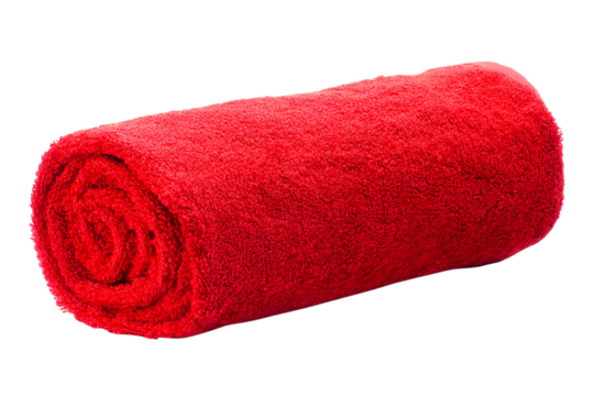 Rolled bright red terrycloth towel against a stark black backdrop, showcasing its soft texture and vibrant color isolated on transparent background