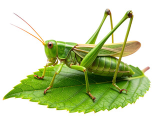 Detailed Realistic Green Grasshopper on Leaf, isolated on transparent background.