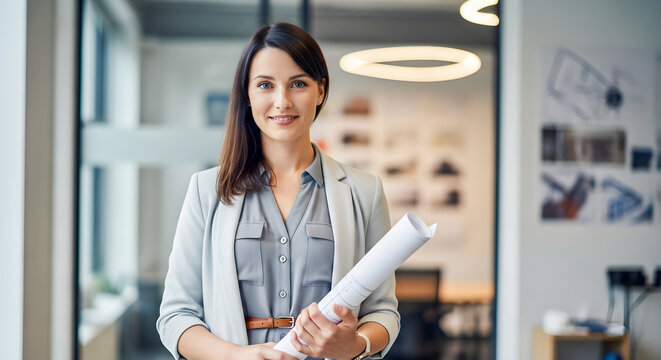 Smiling architect holds blueprints in a modern office, radiating confidence and professionalism in her workplace environment.