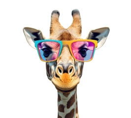 A whimsical giraffe portrait featuring vibrant colorful sunglasses against a stark black backdrop, ideal for playful designs or humorous wildlife themes, transparent background