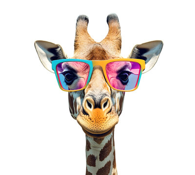 A whimsical giraffe portrait featuring vibrant colorful sunglasses against a stark black backdrop, ideal for playful designs or humorous wildlife themes, transparent background