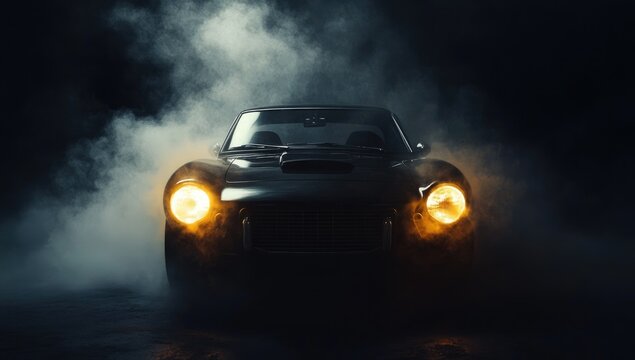 Dark, smoky scene of a vintage car