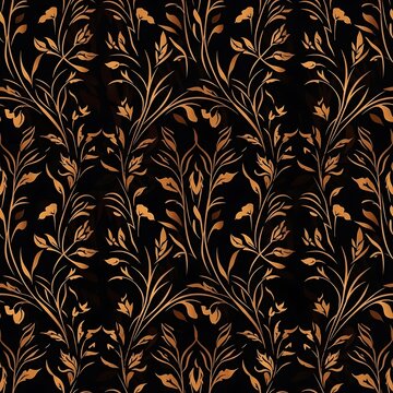 Elegant copper floral pattern on a dark black background seamless design