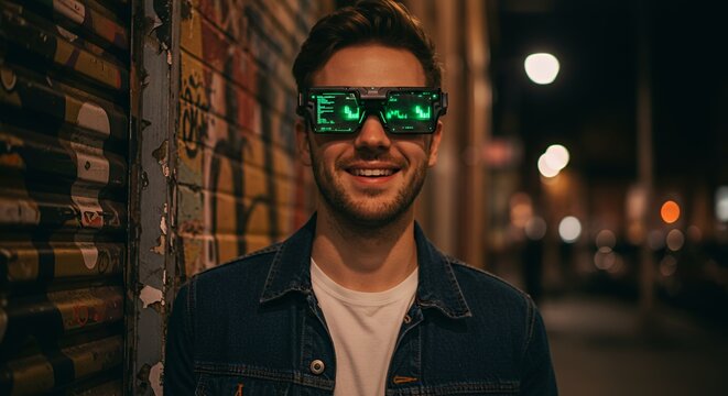 Smiling man in futuristic glasses stands against a grungy urban wall at night.