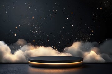 Dark, circular podium, glowing edge, ethereal clouds, glittering dust