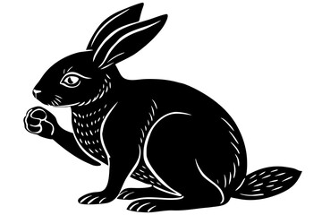 Side silhouette of a rabbit grooming its paw, seated



