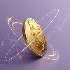 Dynamic golden coin wrapped in rotating stock-chart aura against lavender backdrop—vivid imagery for finance-tech promotions.