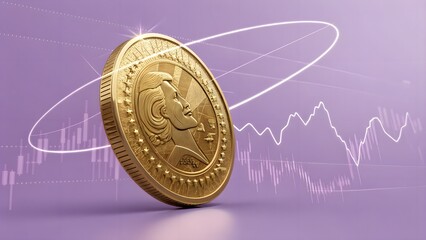 Dynamic golden coin wrapped in rotating stock-chart aura against lavender backdrop—vivid imagery for finance-tech promotions.