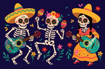 set of mexican skull wearing hats and traditional clothes, with flowers and instruments, day of the dead characters