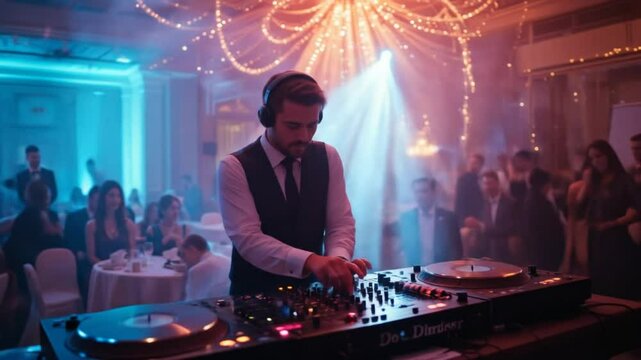Professional DJ Mixing Music at Elegant Event with Party Atmosphere and Celebration Lights
