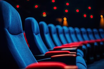 Empty rows of blue movie theater seats