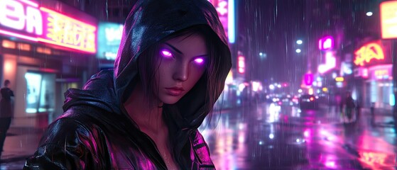 Woman in cyberpunk style hooded jacket rainy night city