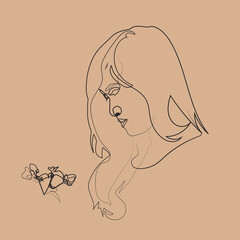 A minimalist one-line drawing depicts a woman's profile with long, flowing hair, gazing thoughtfully downwards. Beside her sits a small, abstract heart with delicate floral-like details.

