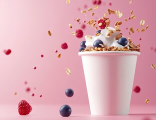 A white cup overflowing with yogurt, granola, and berries.  Flying bits of fruit and cereal. Pink backdrop