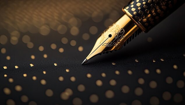 Golden fountain pen tip poised over a dark background dotted with gold