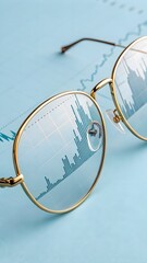 Delicate eyeglasses with gold rims mirror streaming stock data over pastel blue—subtle, refined financial narrative.