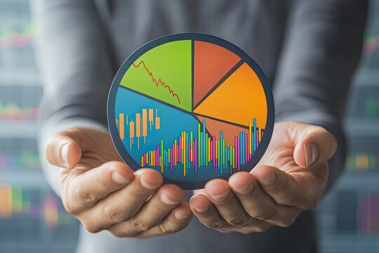 Hands holding a colorful pie chart with various graphs, financial data