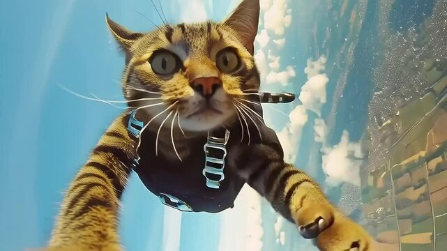Cat Skydiver with Parachute Experiencing Freefall Adventure in Sky with ai generated