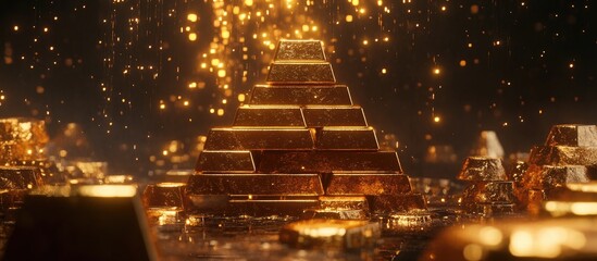 A pyramid of gold bars, glittering with sparks