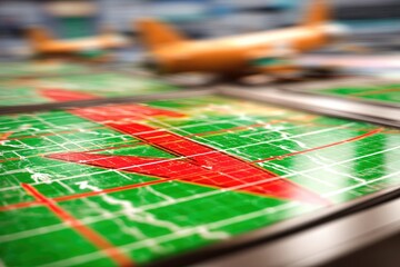 Close-up of a digital map with a large, red arrow pointing downwards, overlaid on a green map background. Blurred orange airplane models in the background