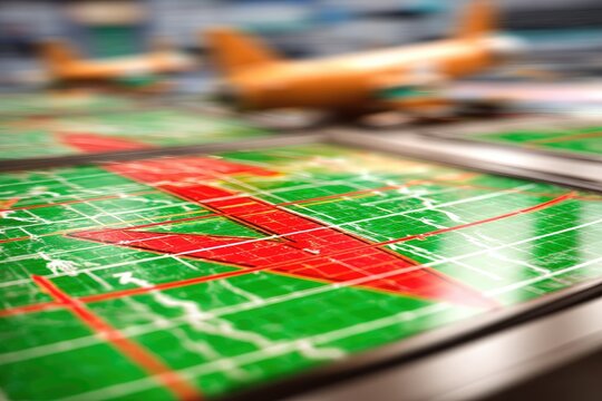 Close-up of a digital map with a large, red arrow pointing downwards, overlaid on a green map background.  Blurred orange airplane models in the background