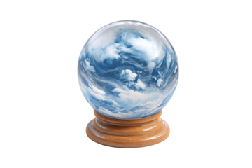 Crystal Ball with Swirling Blue and White Clouds on a Wooden Stand Against a Black Backdrop, Evoking Mystery and Divination isolated on transparent background