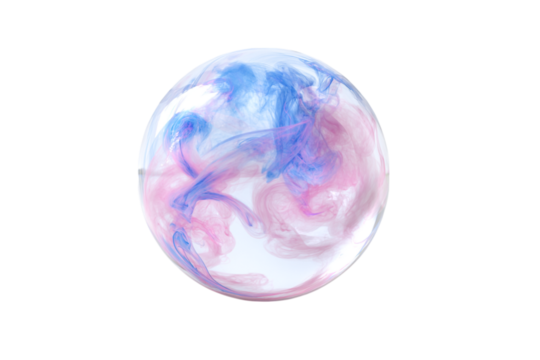 Abstract swirling colors of pink and blue paint inside a clear glass sphere. - Powered by Adobe