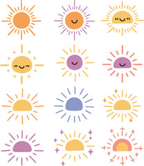 Collection of vector sun icons: diverse designs for summer, sunlight, and weather illustrations