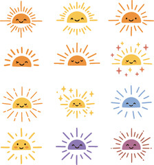 Collection of vector sun icons: diverse designs for summer, sunlight, and weather illustrations